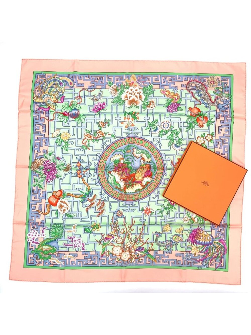 Hermes Scarf Carre 90 Turandot Orange Blue Pink